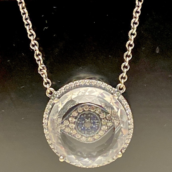 One-of-a-kind evil eye pendant. Silver with sapphire and Indian diamond chips. - Picture 2 of 3